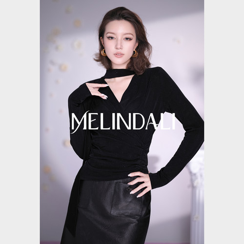 MELINDA LI【法式美人】重磅醋酸飘带V领抽褶收腰显瘦春夏上衣