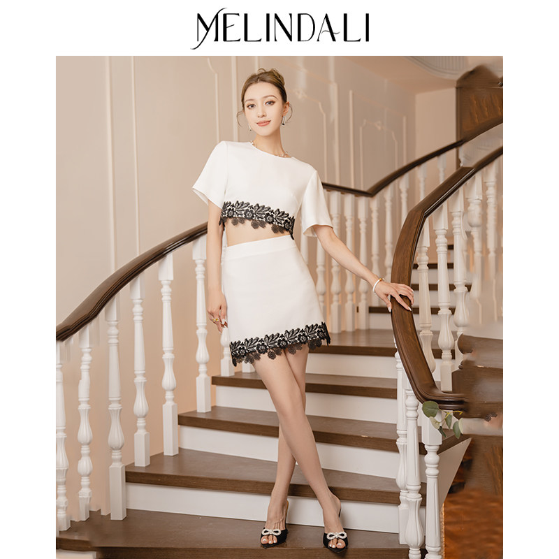Melinda Li 白色蕾丝拼接上衣半身裙短裙套装,女装/女士精品,时尚套装,淘宝优惠券,粉丝福利购,淘宝优惠卷