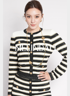 MELINDA LI【经典秀场】法式轻奢小香风黑白条纹毛衣开衫短裙套装