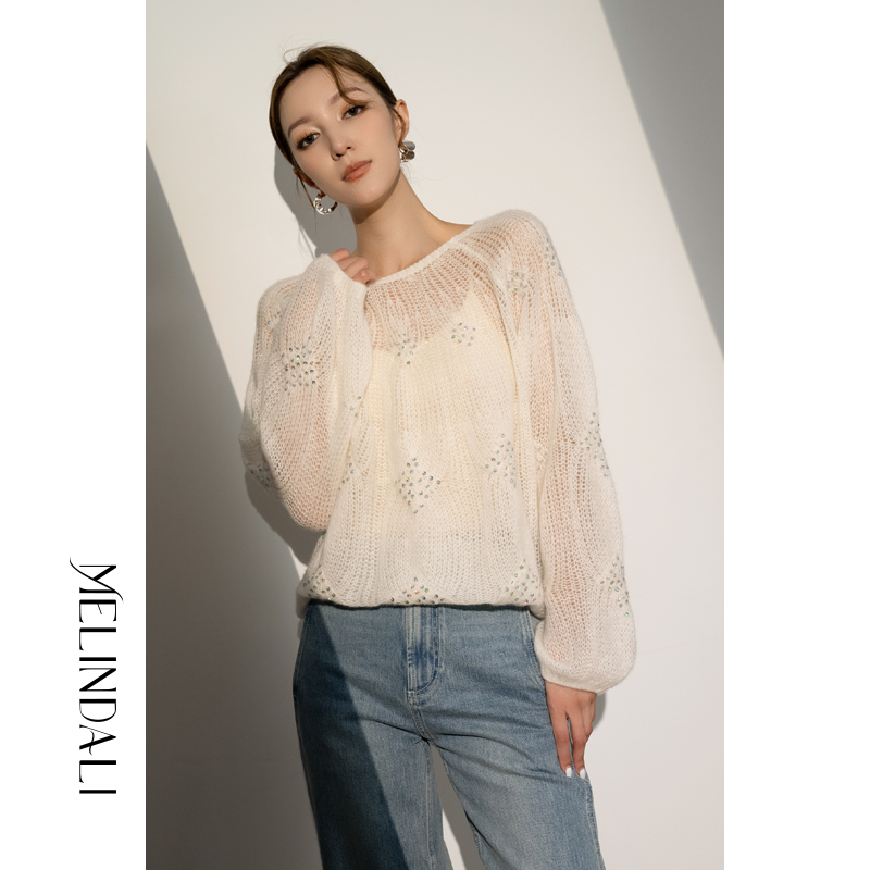 Melindali白色亮片毛衫