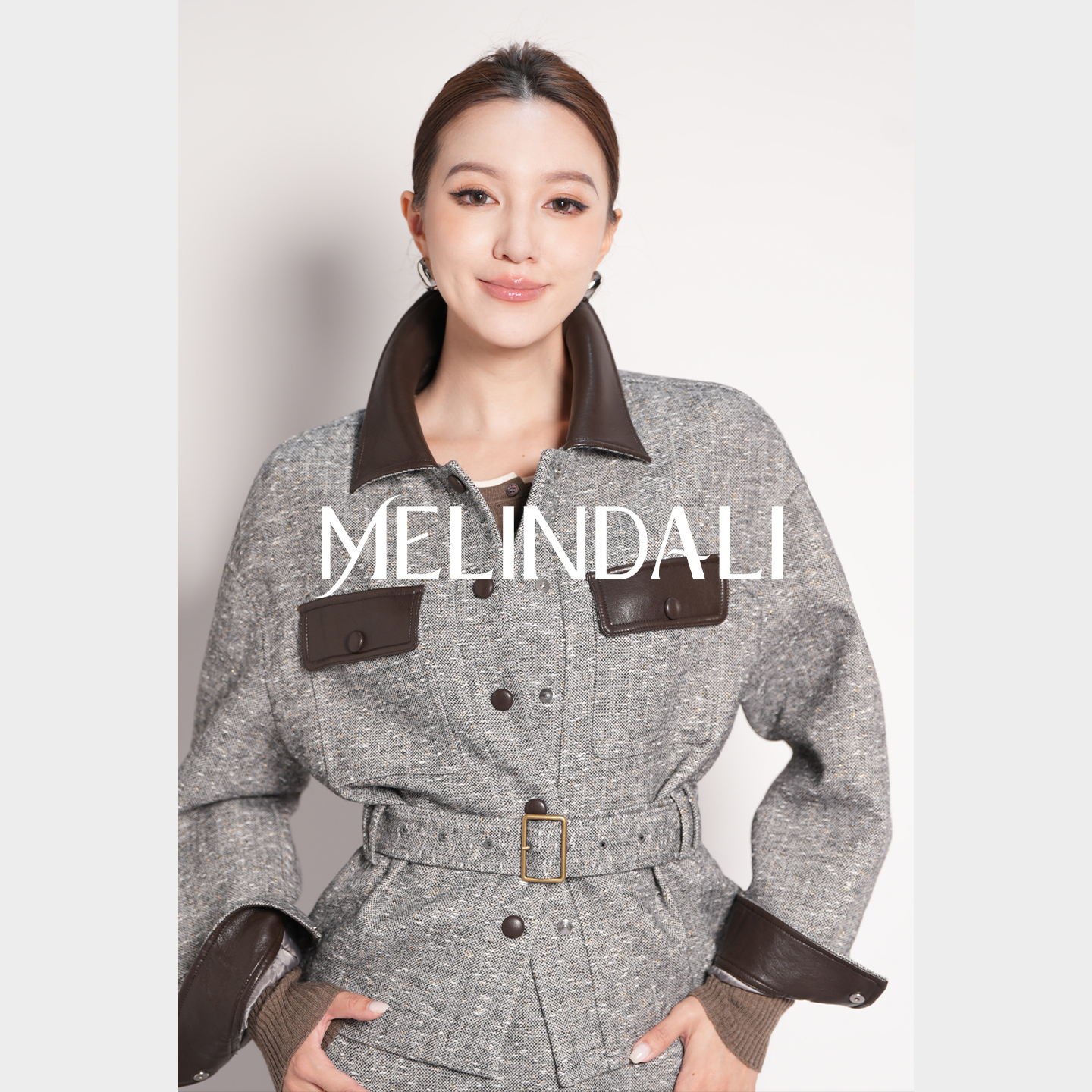 MELINDA LI【乌托邦】气质通勤羊毛亮丝拼皮老钱风外套半裙套装