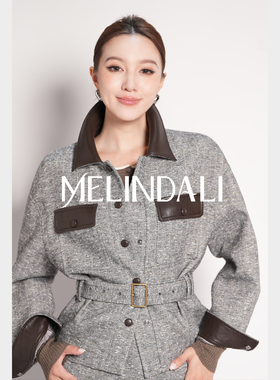 MELINDA LI【乌托邦】气质通勤羊毛亮丝拼皮老钱风外套半裙套装