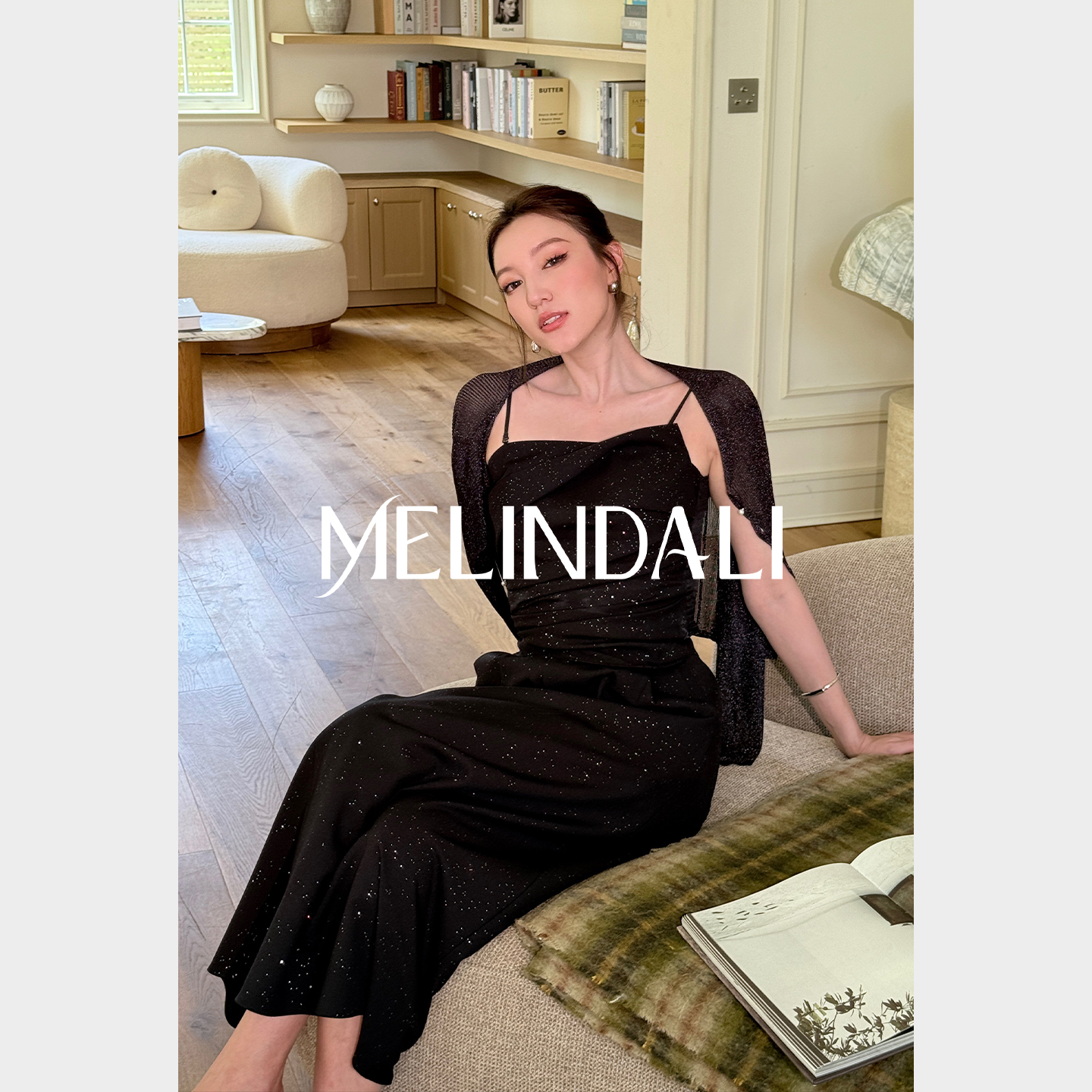 MELINDA LI【银河系】法式通勤风斜纹亮片高腰压褶长款伞裙半裙