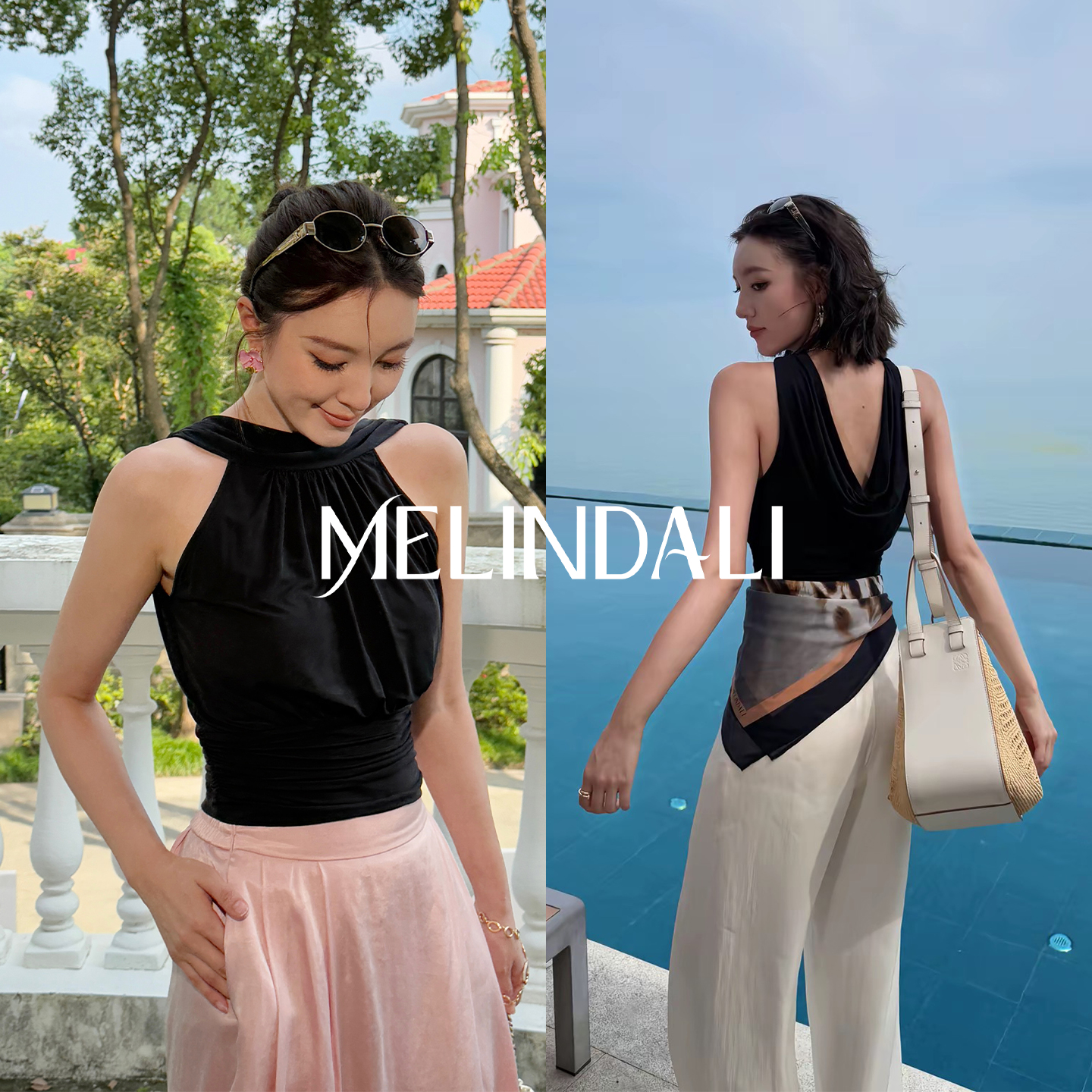 MELINDA LI【丝滑两面穿】梦颖私服铜氨丝挂脖荡领收腰沙漏上衣