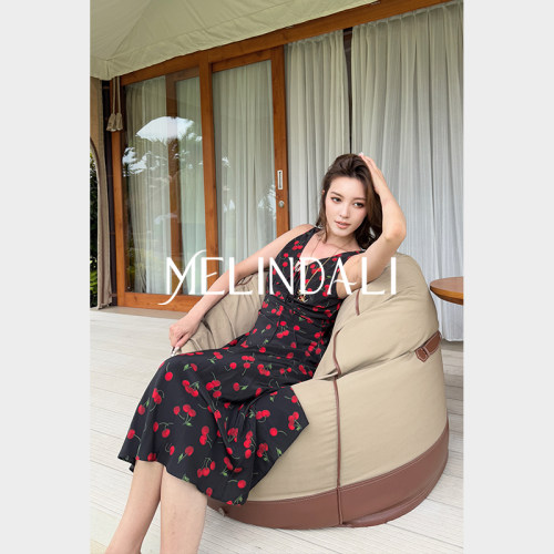 MELINDA LI【酒渍樱桃】法式16MM桑蚕丝双绉印花V领斜裁连衣裙
