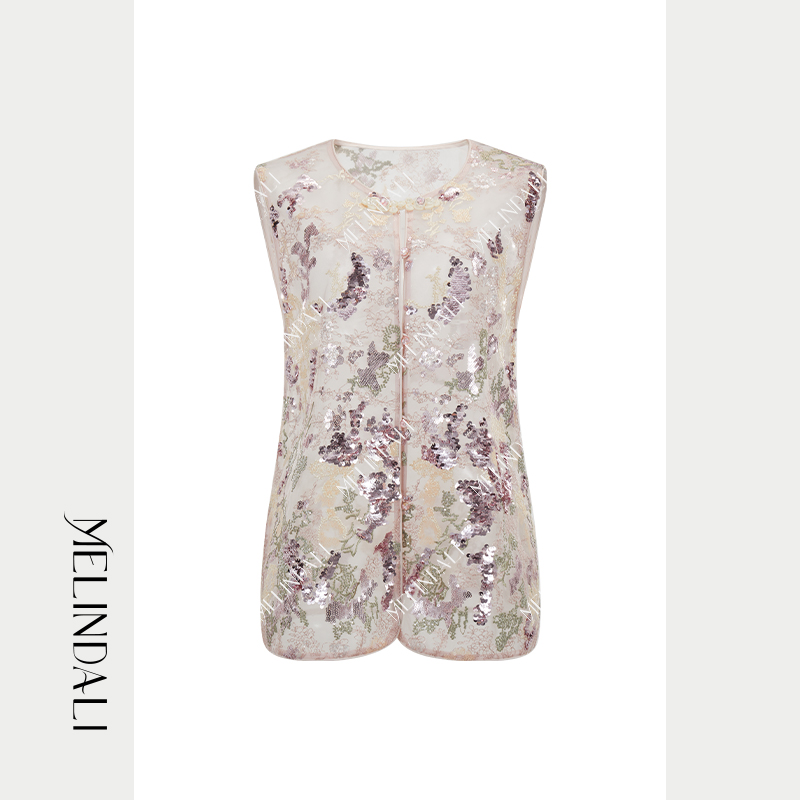 Melinda Li【华美】国风网纱珠片刺绣桑蚕丝欧根纱圆领宽松马夹