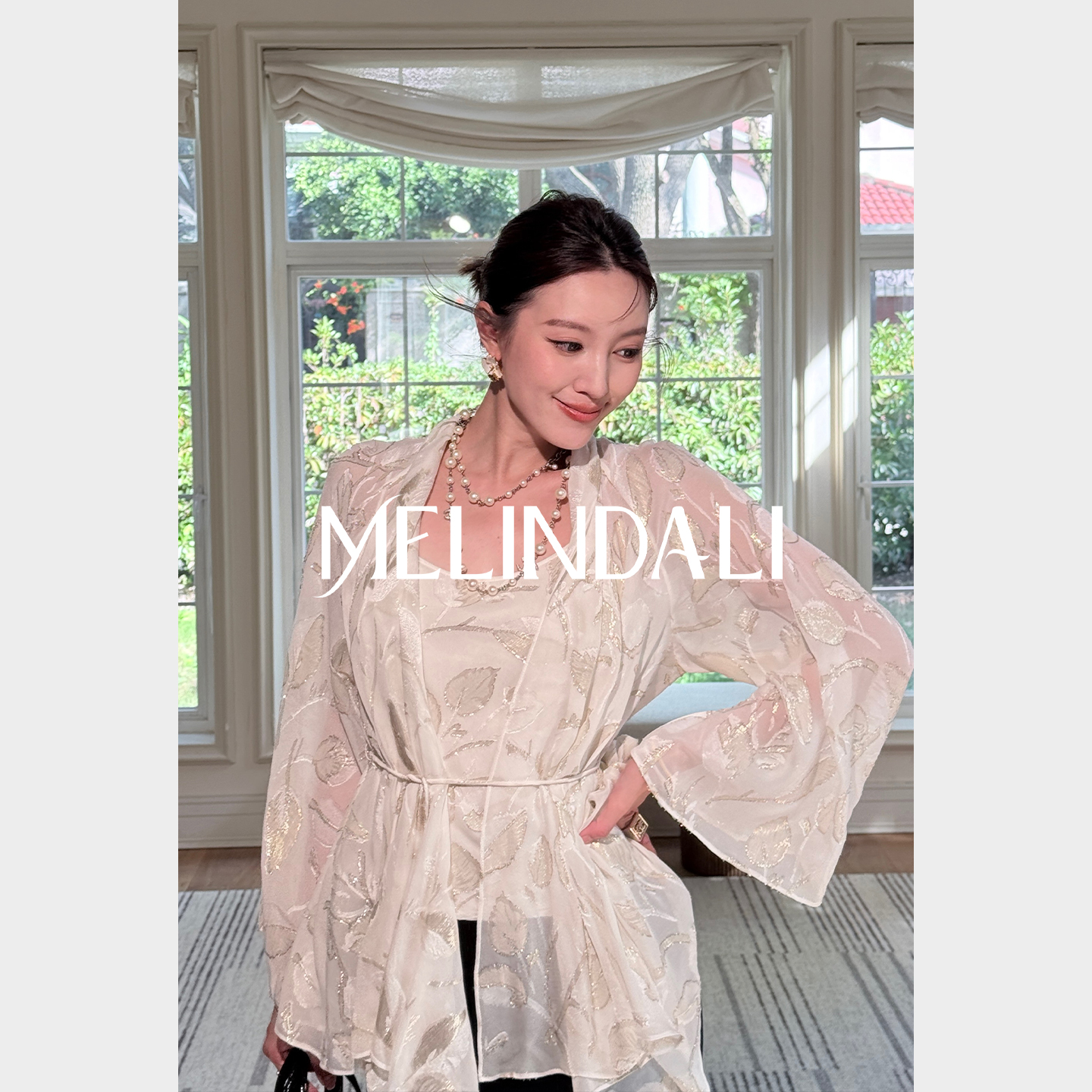 MELINDA LI【花影留白】新中式重磅金丝提花桑蚕丝吊带开衫套装