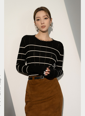 Melinda Li【 暮黑霜白】100羊毛60支黑白坑条设计感针织衫打底衫