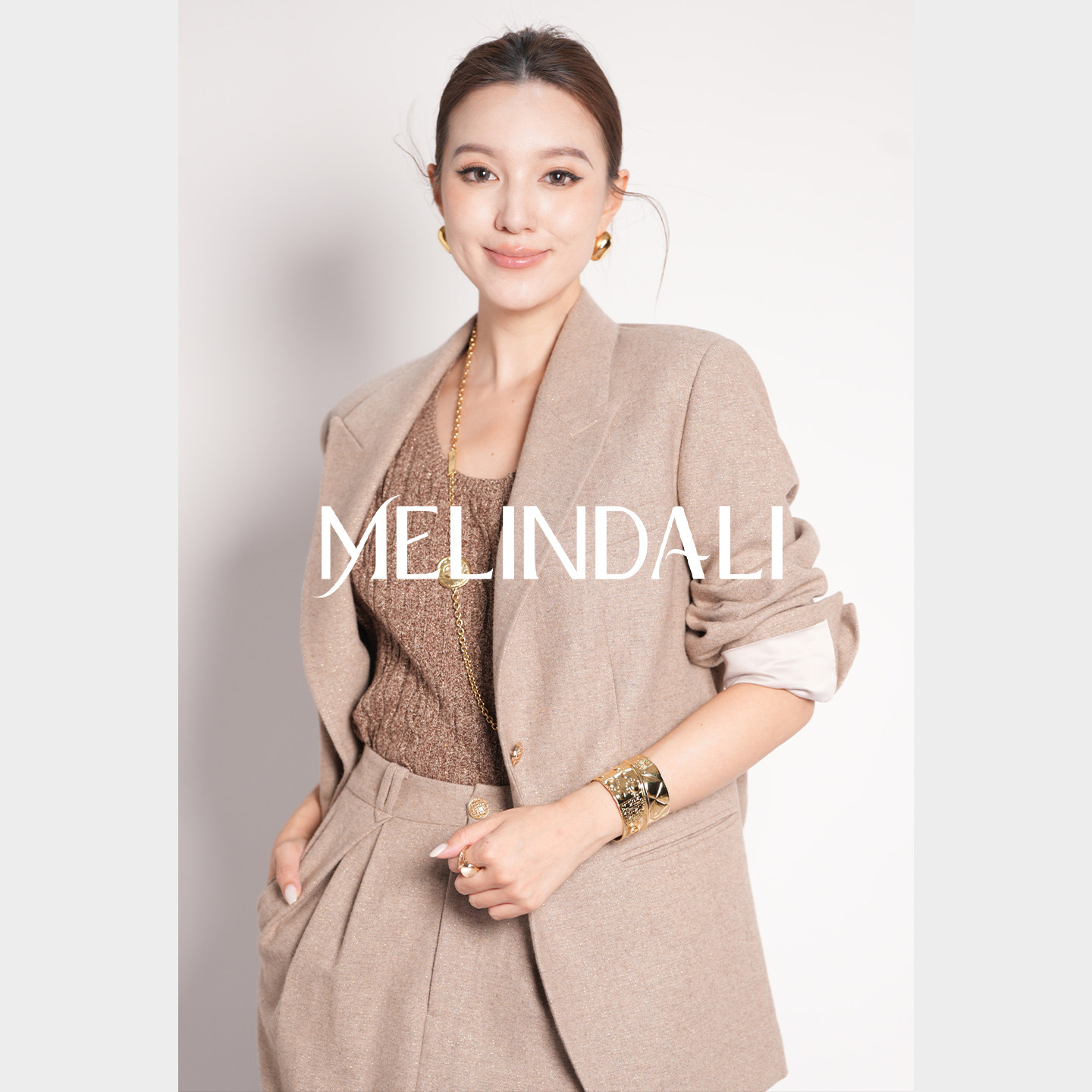 MELINDA LI【暖系流光】私服通勤金葱绵羊毛系腰带西装高腰半裙套