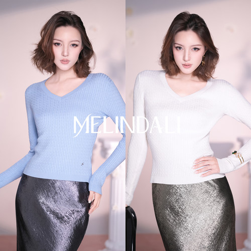 MELINDA LI【柔滑绞花】软糯棉桑蚕丝V领绞花长袖针织打底