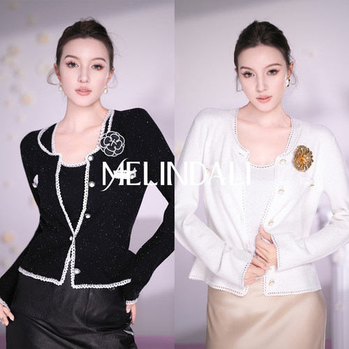 MELINDA LI【星空康鹏】彩宝珠片纱山茶花扣针织外套背心裤子套装