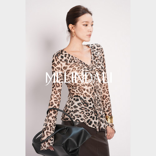 MELINDA LI【丝滑豹】梦颖私服100桑蚕丝雪纺豹纹印花斜裁衬衫