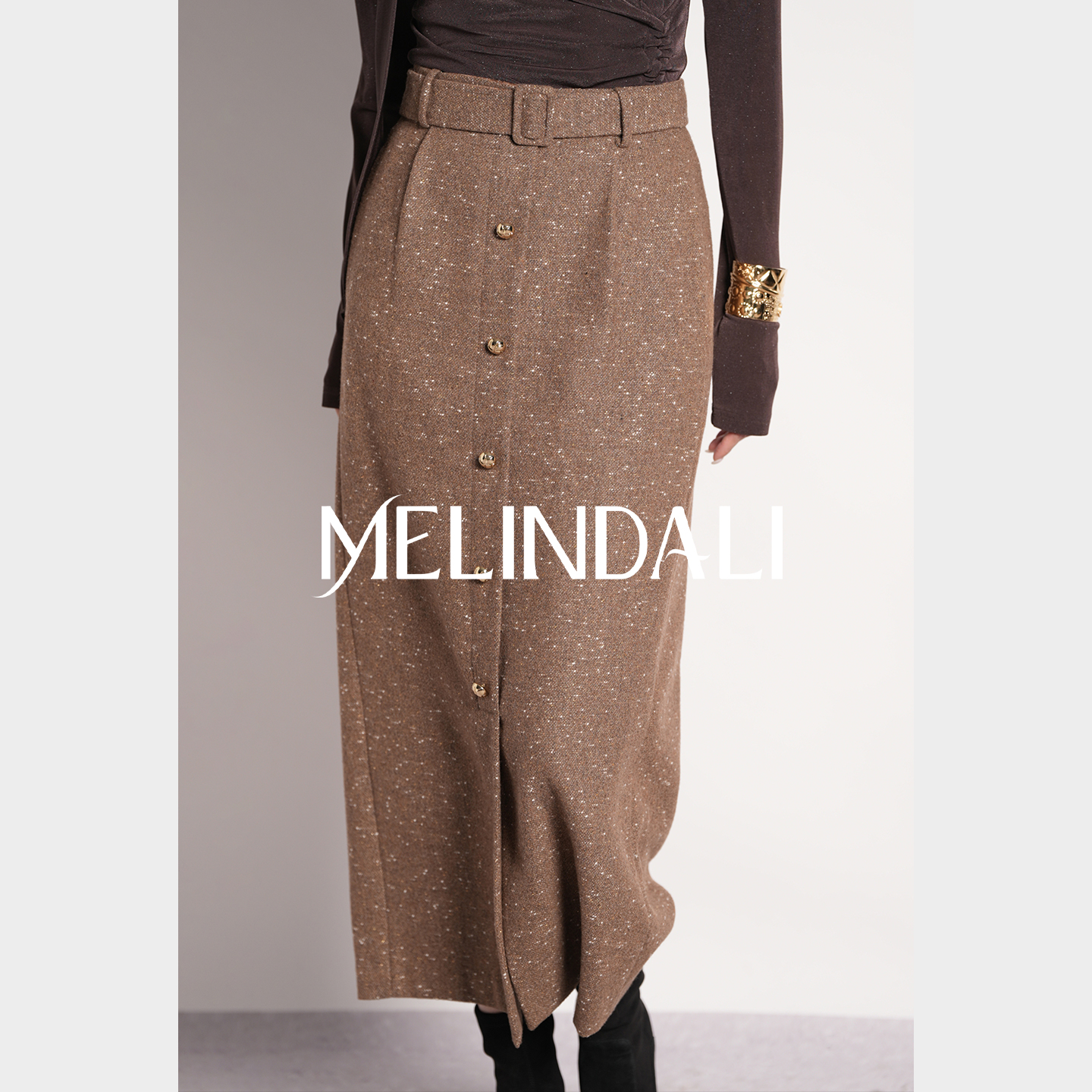 MELINDA LI【琥珀金咖】优雅通勤职场气质金葱绵羊毛长直筒半裙