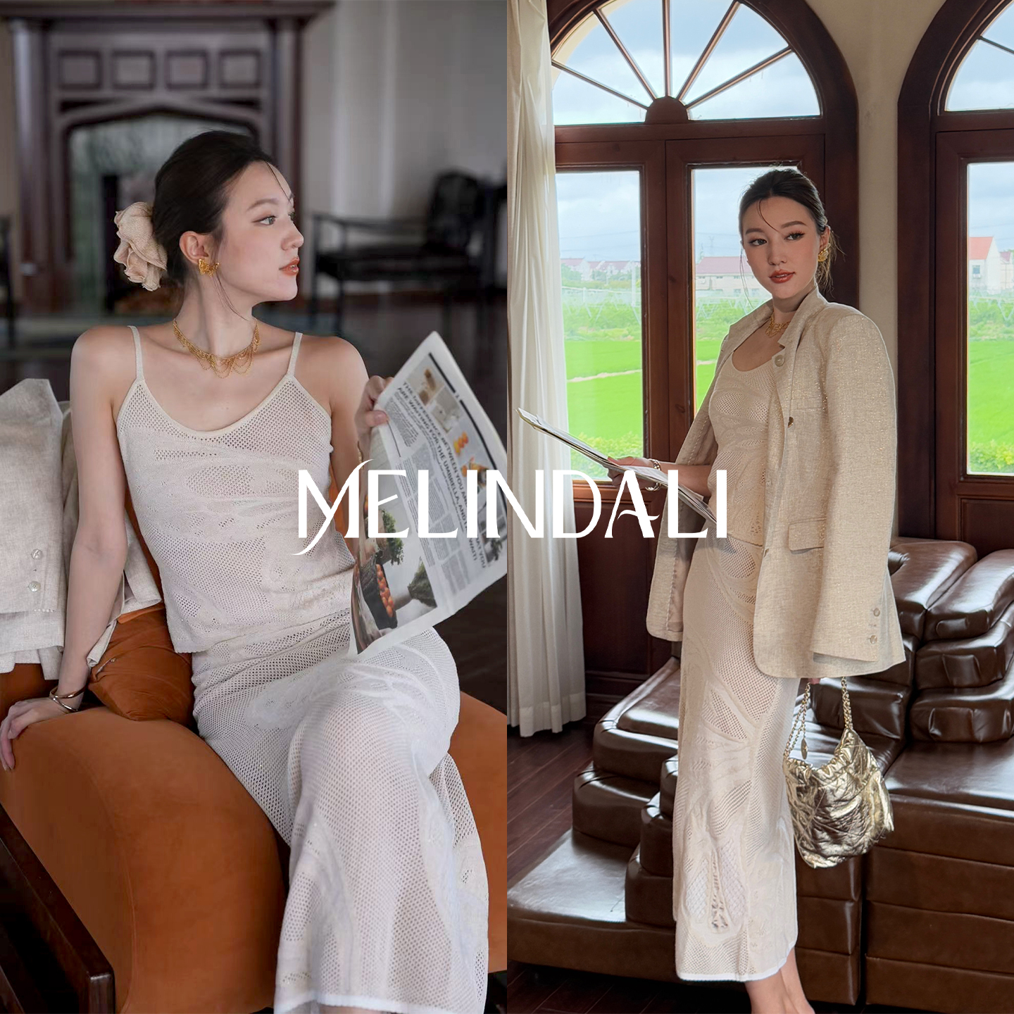MELINDA LI【白玉蝶】细闪金丝蝴蝶提花真丝人丝镂空吊带针织套装