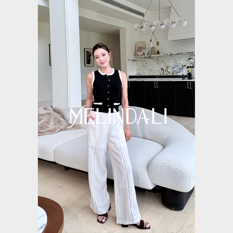 MELINDA LI【蕾丝氧吧】梦颖私服复古蕾丝边天丝亚麻高腰直筒裤