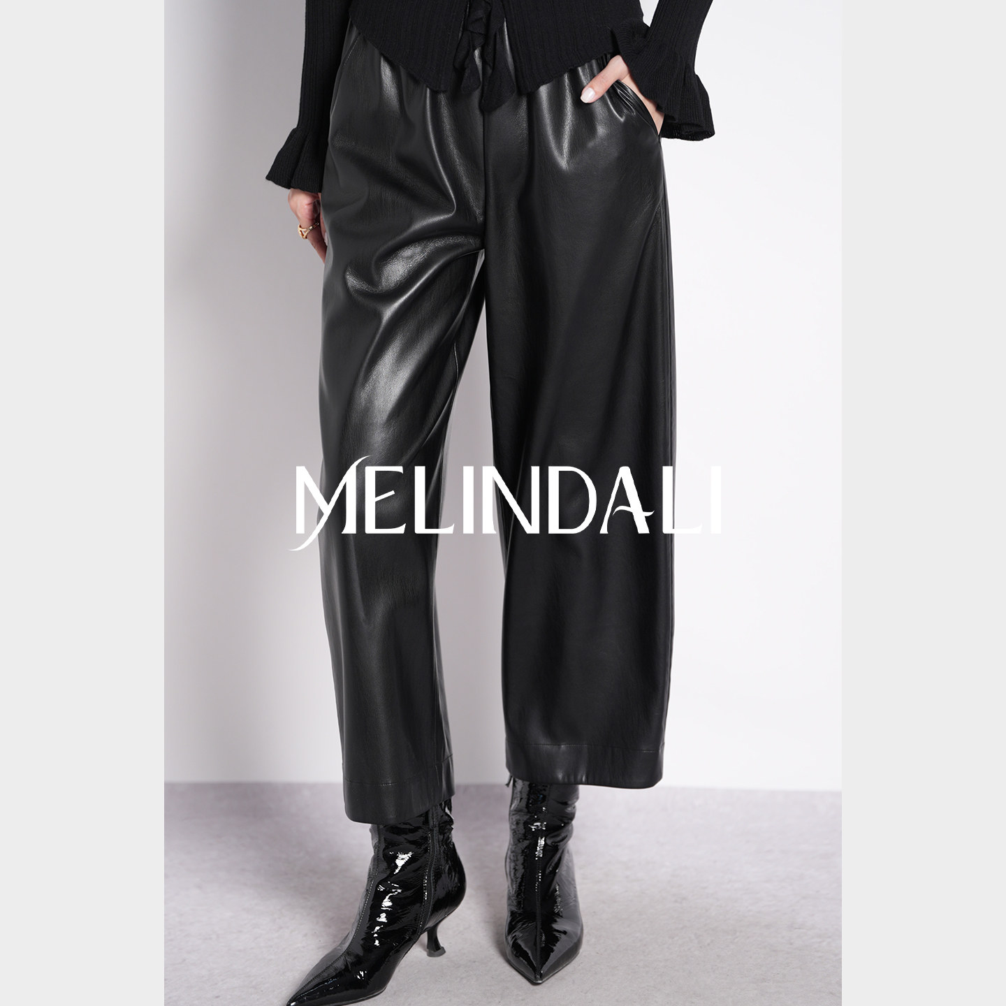 MELINDA LI【神仙皮裤】蛋白皮pu皮裤松紧腰松弛感九分直筒阔腿裤