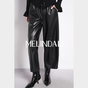 松紧腰松弛感九分直筒阔腿裤 MELINDA 蛋白皮pu皮裤 神仙皮裤