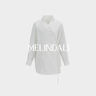 MELINDA LI【鹤鸣】重磅新中式手工白鹤刺绣纯棉秀场风白衬衫上衣