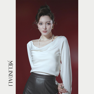 Melinda Li【长乐未央】新款知性法式优雅一字领荡领长袖衬衫上衣