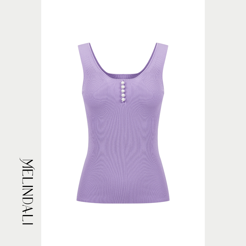 Melinda Li【自由夏风】简约纯色亲肤竖坑条U型领修身无袖背心