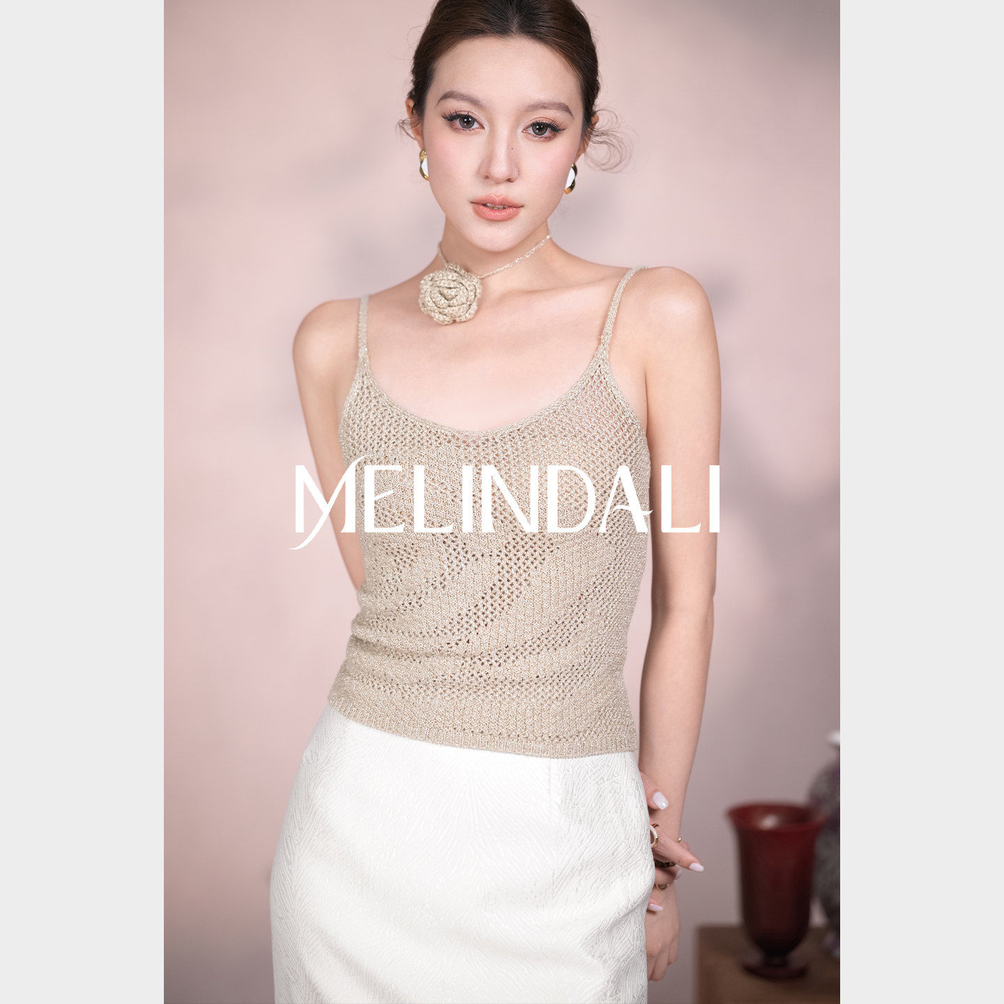 MELINDA LI【海岸山茶】重磅手工玫瑰花颈饰镂空针织吊带背心