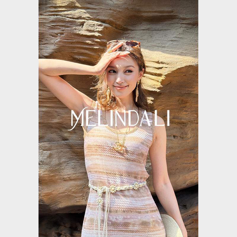 MELINDA LI【长岛周末】法式度假风针织条纹编织腰带无袖连衣裙