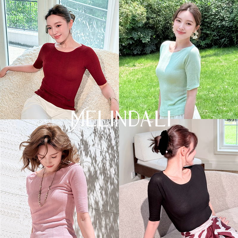 MELINDA LI【面膜中袖T】精纺莱赛尔鱼骨纹中袖针织T百搭上衣