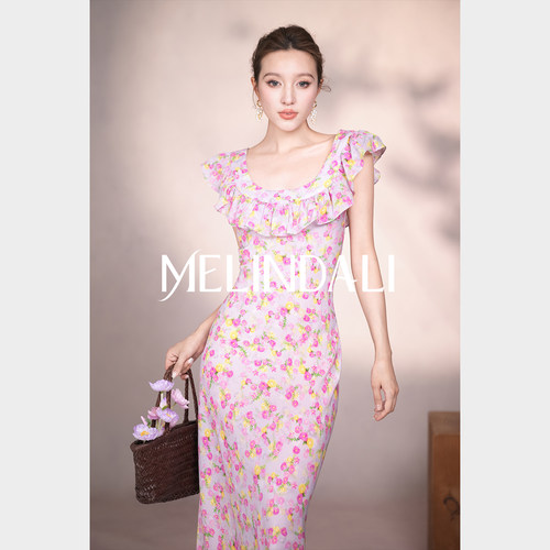 Melinda Li【洛神】100桑蚕丝花朵印花荷叶边收腰显瘦连衣裙