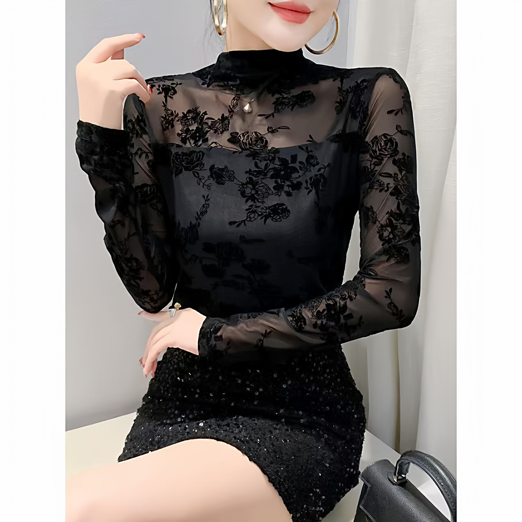 黑色半高领蕾丝网纱打底衫女春秋洋气内搭显瘦微透性感小衫上衣