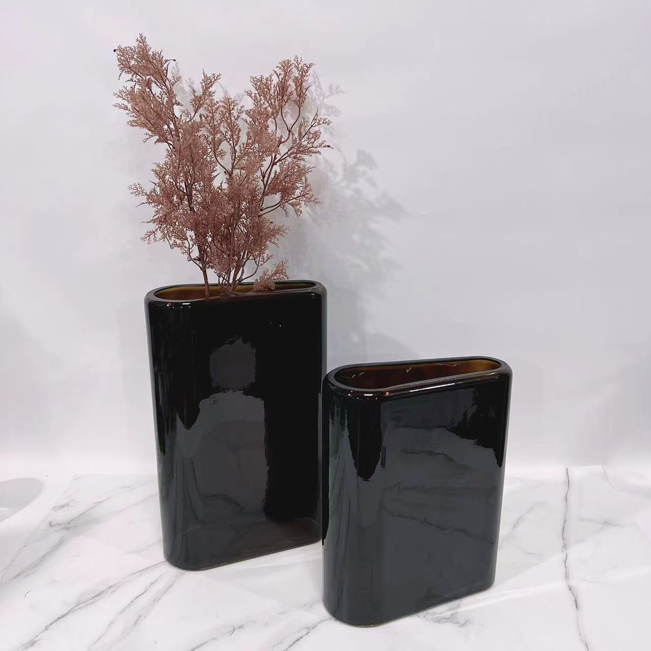 现代简约大口径琉璃水培花器咖色扁瓶创意渐变花瓶客厅样板间摆件