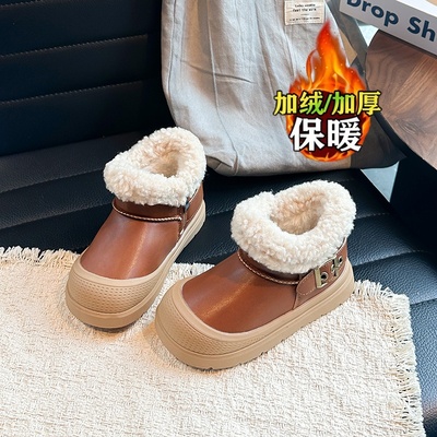 儿童潮酷短靴2025冬款洋气羊羔绒棉鞋女童皮面雪地靴厚底保暖舒适