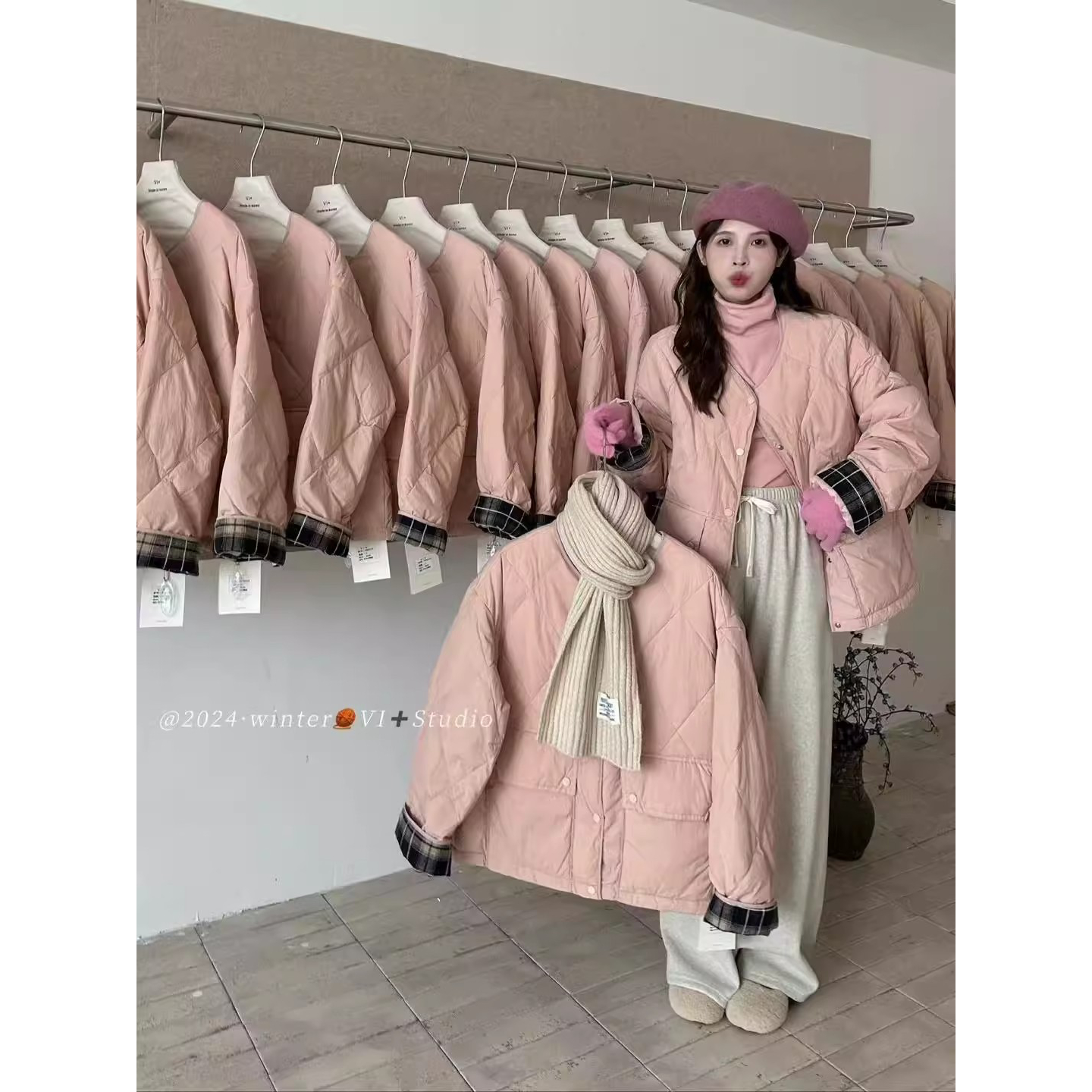 日常网红同款菱形格缝线纯色拼接毛呢格子袖口棉袄学生外套棉服