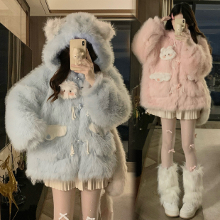 冬季甜美可爱毛茸茸耳朵猫咪连帽卫衣女加绒加厚毛绒外套冬季女装
