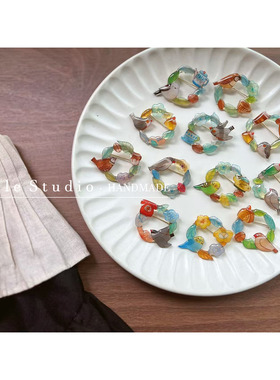 【小鸟午后】透亮晶莹系列 | 原创手作 森系咖啡花朵小鸟圆盘胸针