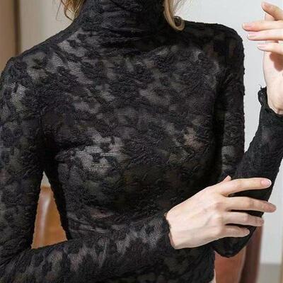 黑色蕾丝打底衫女2025新款春秋季圆领内搭长袖t恤半高领网纱上衣
