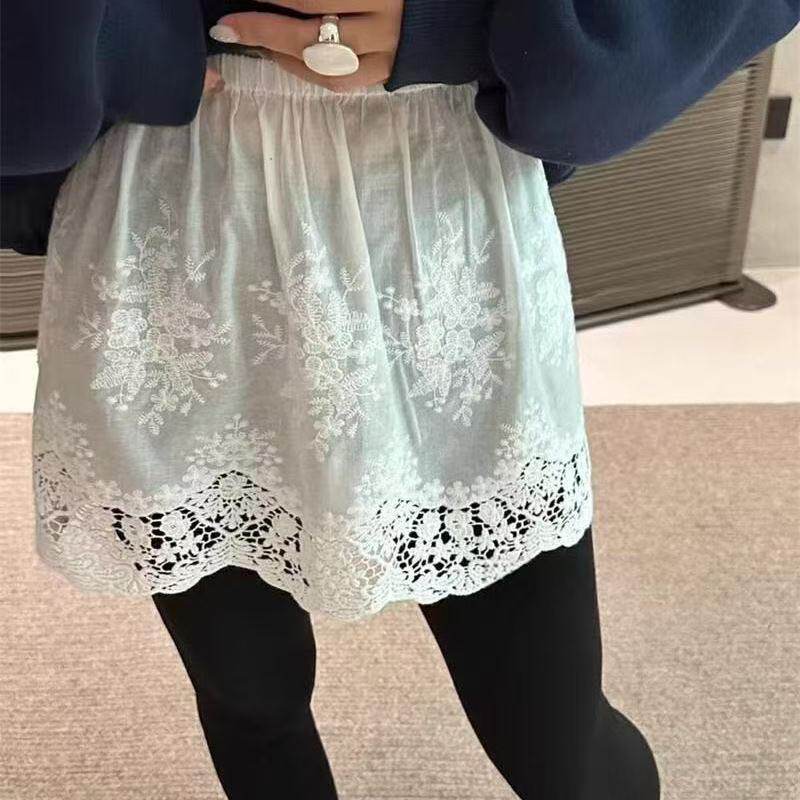浪漫蕾丝风白色A字半身裙女高腰修身短裙叠穿屁帘遮屁股防走光裙