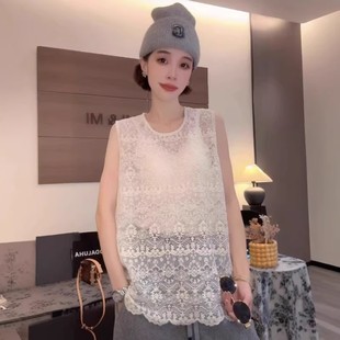 复古钩花镂空无袖蕾丝背心女秋季洋气百搭小衫外搭休闲打底衫上衣