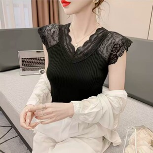 纯色针织吊带背心女夏外穿内搭时尚V领性感蕾丝边打底衫无袖上衣