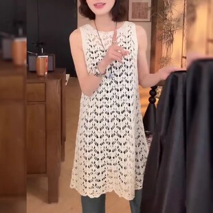 上衣 气质叠穿无袖 针织中长款 钩花镂空背心连衣裙女2026年春夏新款
