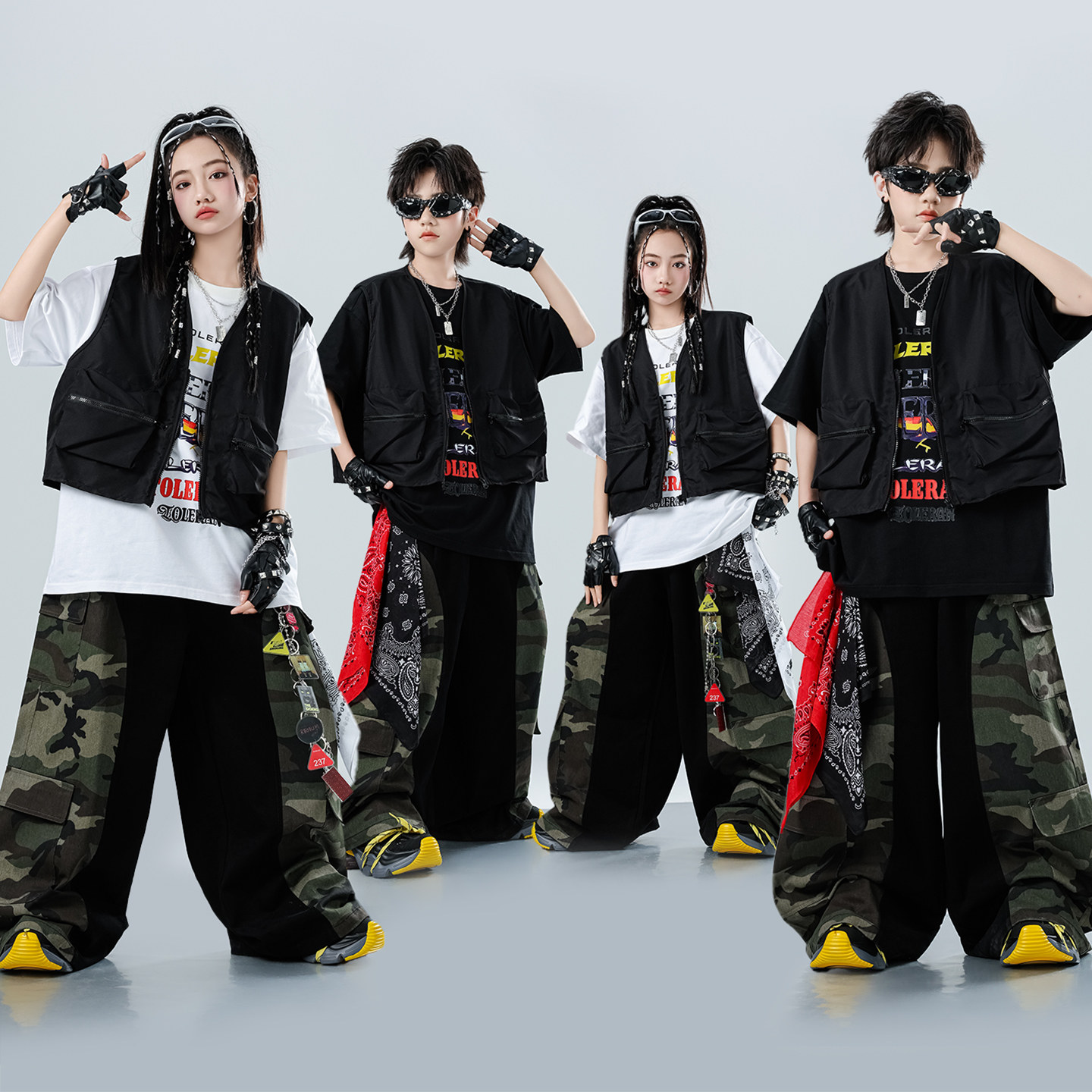 街舞儿童潮服演出服男女童嘻哈马甲迷彩工装长裤套装hiphop表演服