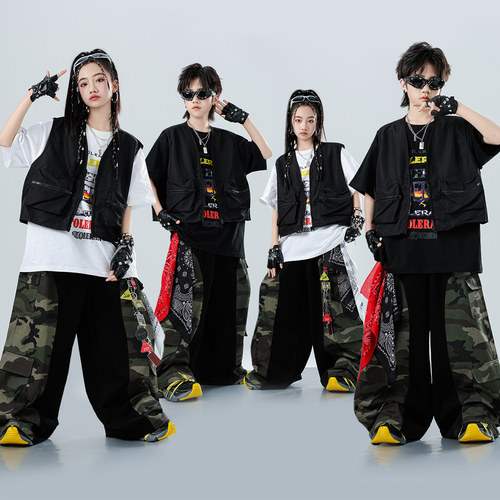 街舞儿童潮服演出服男女童嘻哈马甲迷彩工装长裤套装hiphop表演服