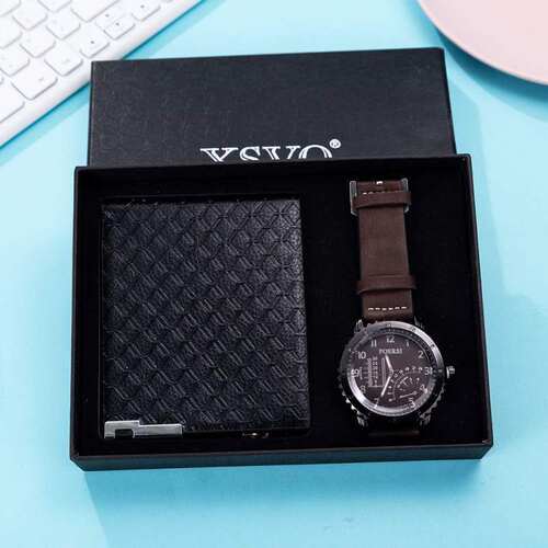 Quartz Wrist Watch Leather Wallet Gift Set for Boyfriend men