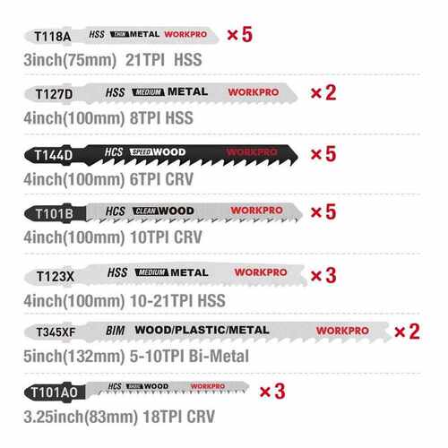 WORKPRO 25PC Saw Blades T-Shank Jigsaw Blades Assorted Blad
