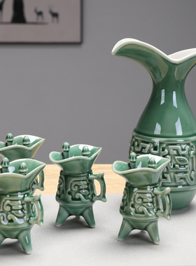 Chinese style ceramic wine set imitate ancient wine pot cup