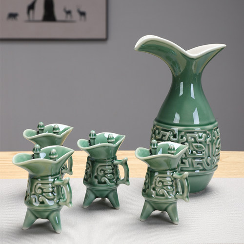 Chinese style ceramic wine set imitate ancient wine pot cup
