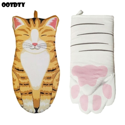 3D Cartoon Cat Paws Oven Mitten Long Cotton Mitts Baking