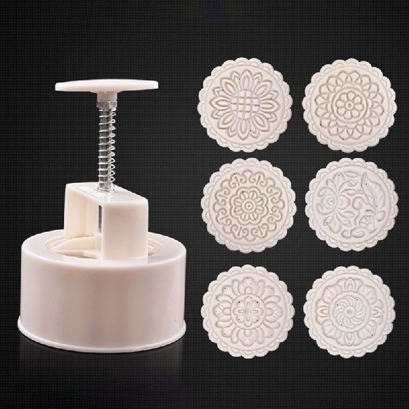 250g Mooncake Mold with 6pcs Round Flower Stamps Hand Press