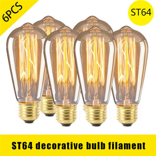 6PCS ST64 E27 Retro Edison Bulbs 40W AC220V Filament Warm