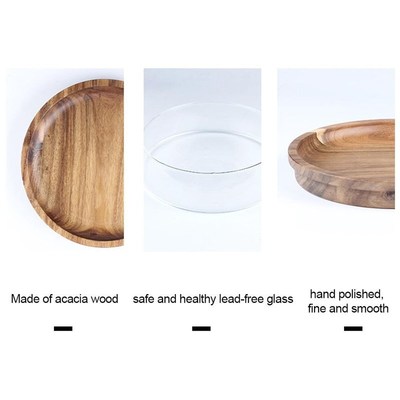 Glass Bowl with Wood Plate Fruit Nut Dried Storage Box Conta