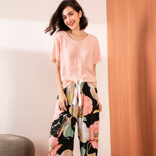 Summer Pajamas Set Women Comfortable Cotton Viscose Contrast